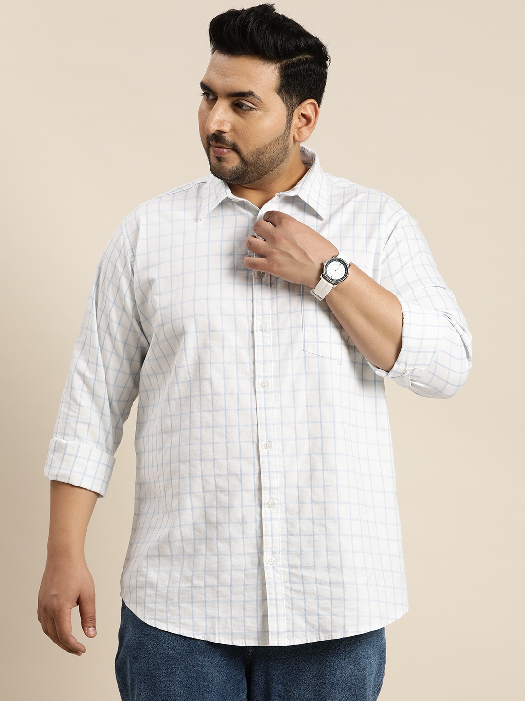 

Sztori Plus Size Pure Cotton Checked Casual Shirt, White