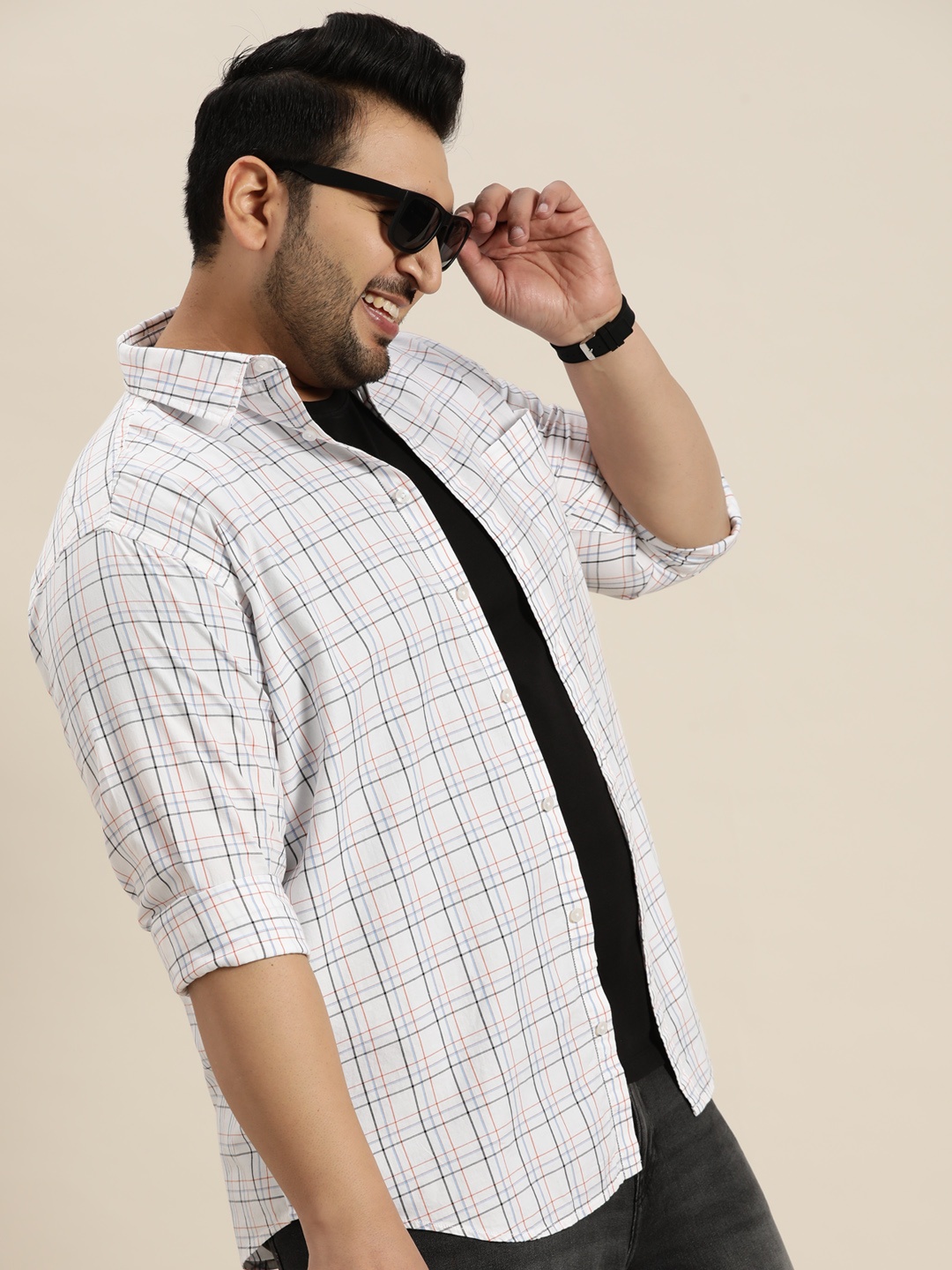 

Sztori Plus Size Pure Cotton Opaque Checked Casual Shirt, White