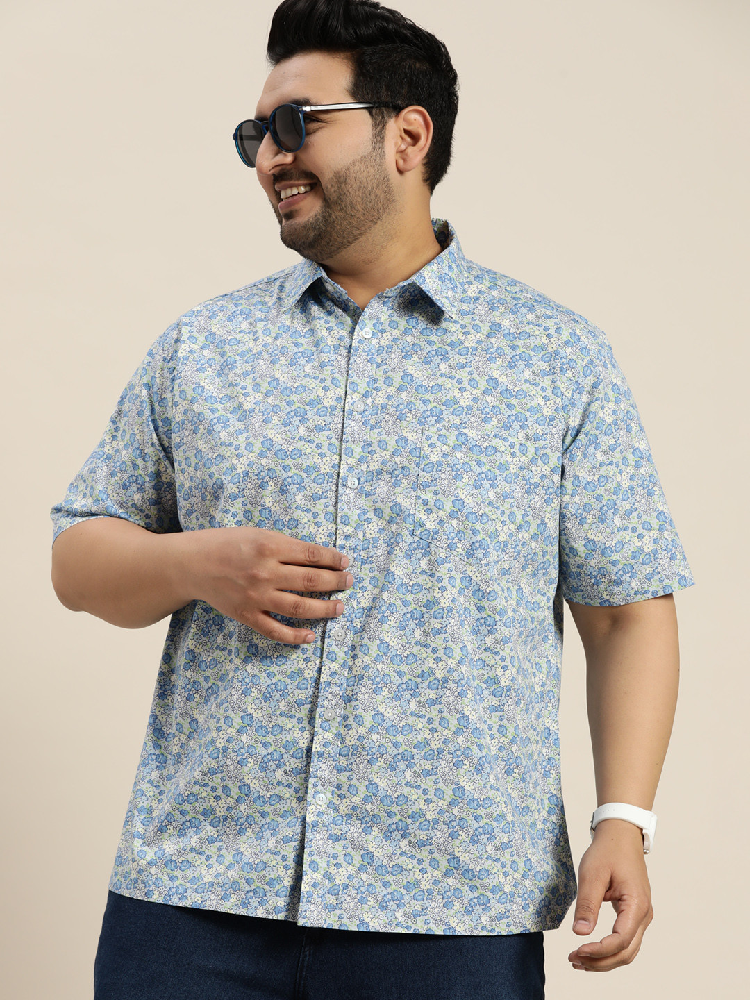 

Sztori Plus Size Pure Cotton Floral Opaque Printed Casual Shirt, Blue