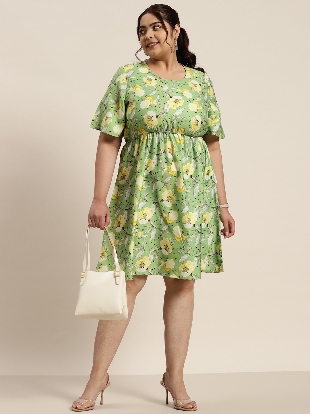

Sztori Plus Size Floral Print Tie-Up Neck Bell Sleeve A-Line Midi Dress, Olive
