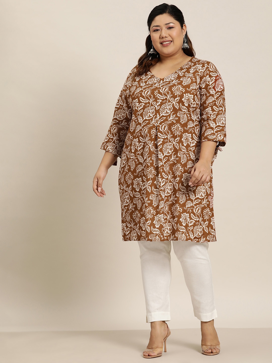 

Sztori Women Plus Size Ethnic Motifs Printed Pure Cotton Kurta, Brown