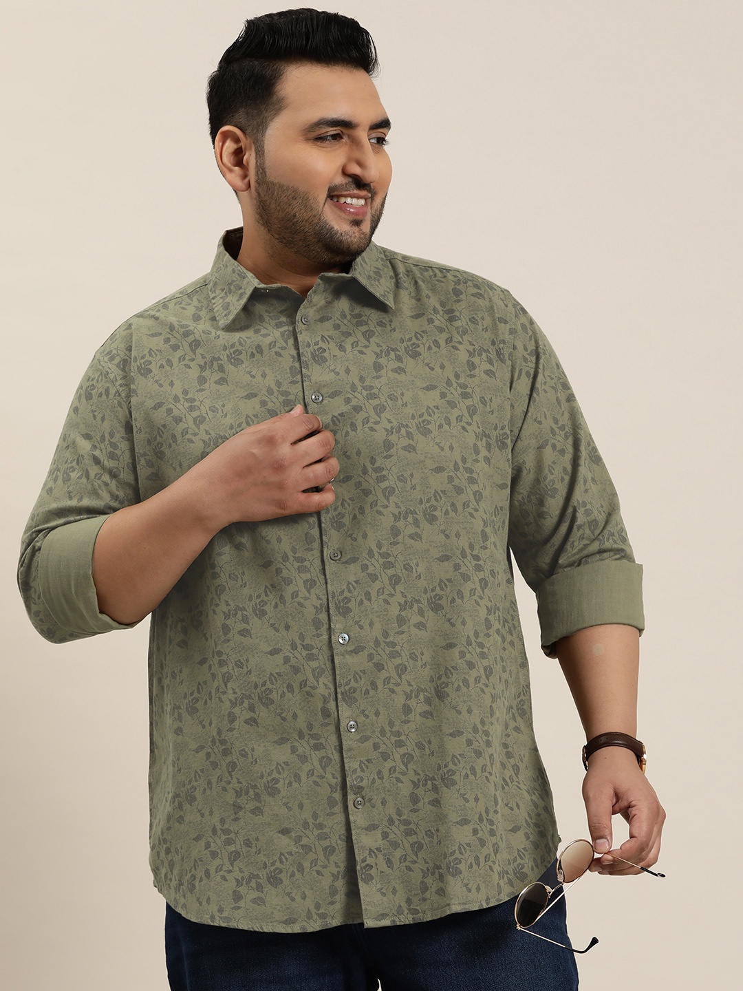 

Sztori Plus Size Floral Design Cotton Shirt, Olive