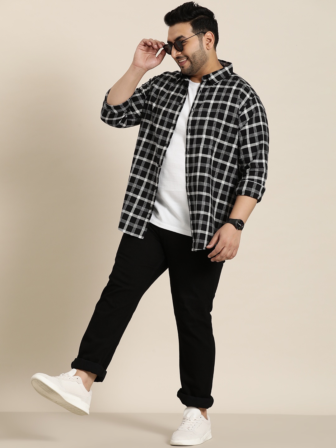

Sztori Plus Size Pure Cotton Checked Casual Shirt, Black