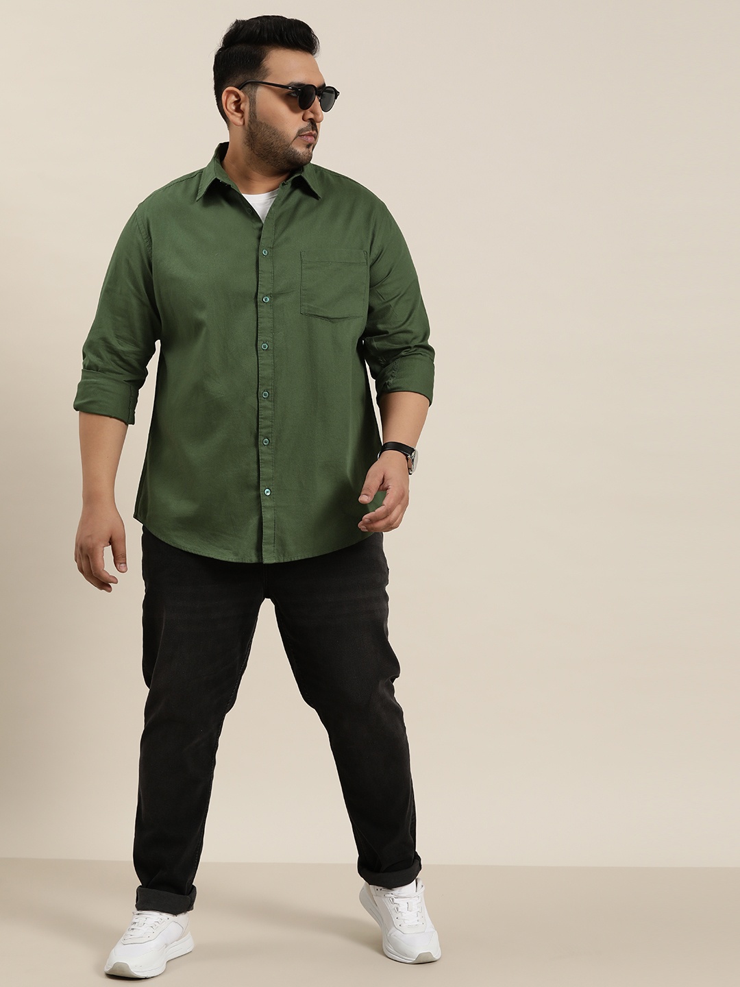 

Sztori Men Plus Size Pure Cotton Textured Casual Shirt, Olive