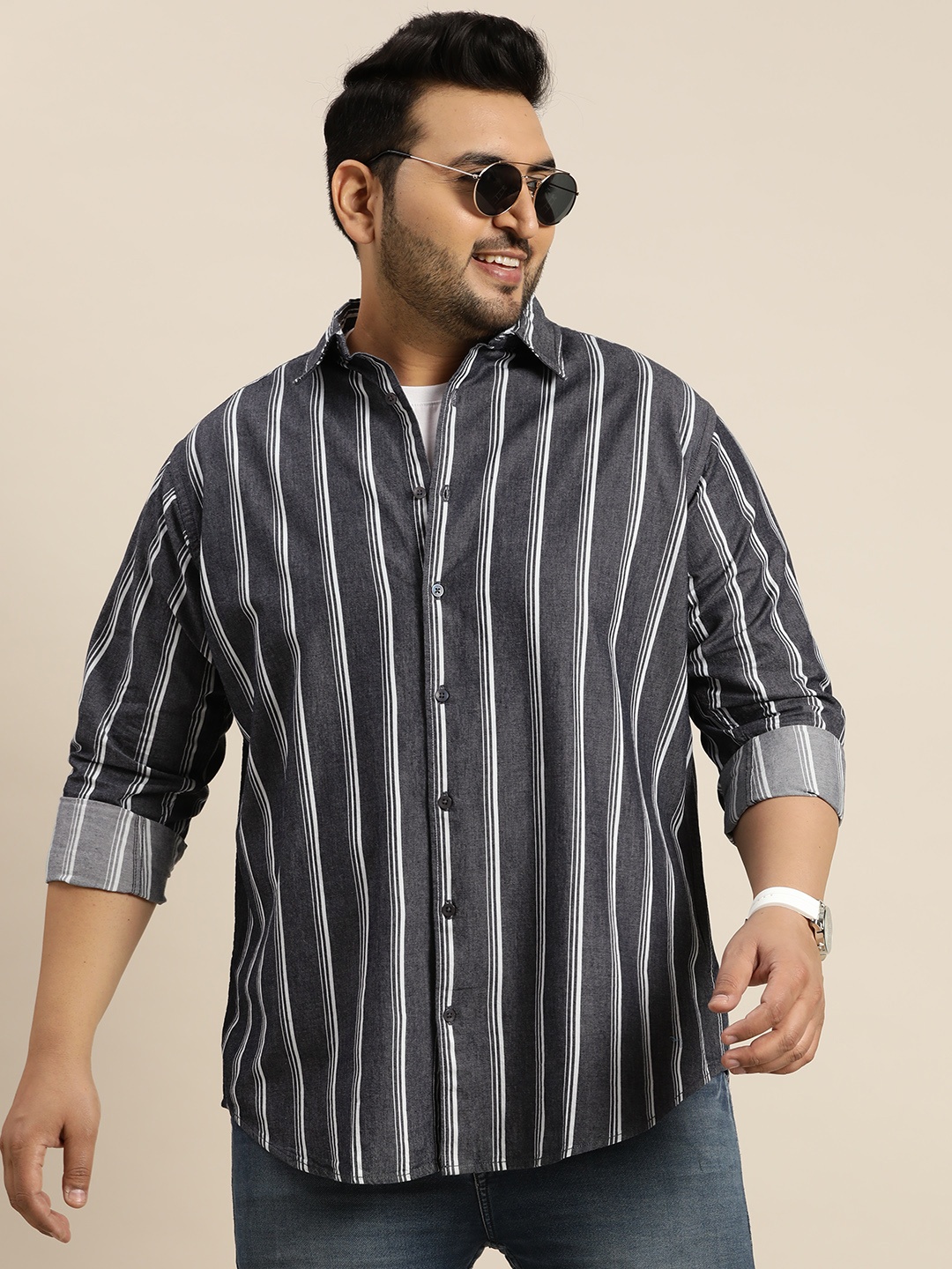 

Sztori Plus Size Pure Cotton Casual Striped Shirt, Grey