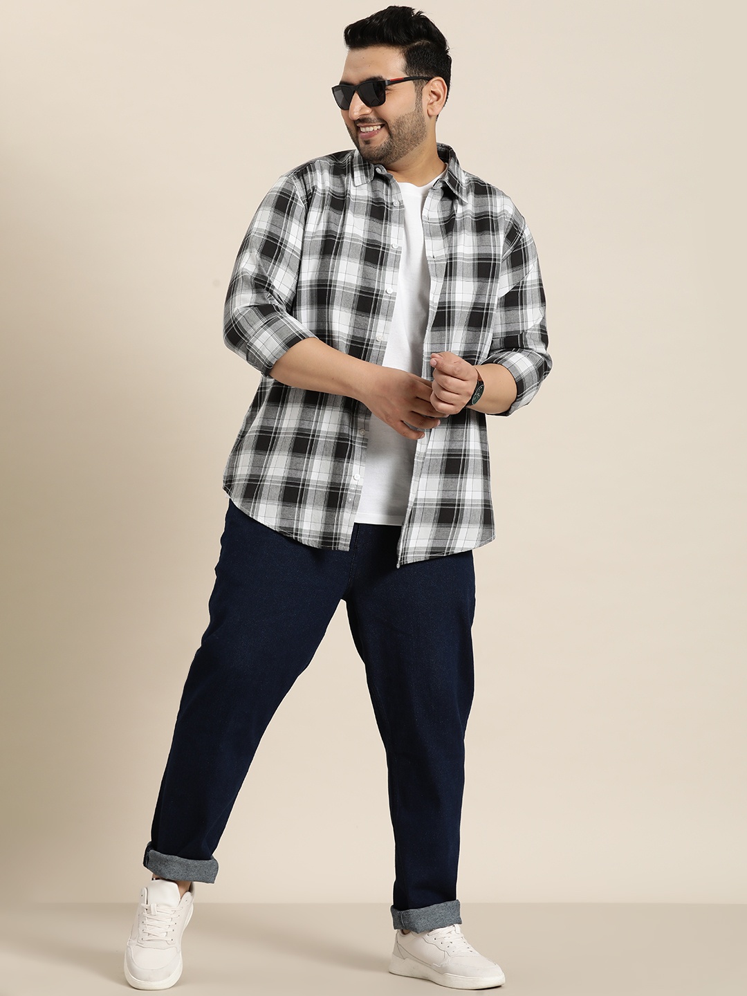 

Sztori Plus Size Pure Cotton Tartan Checked Casual Shirt, Black
