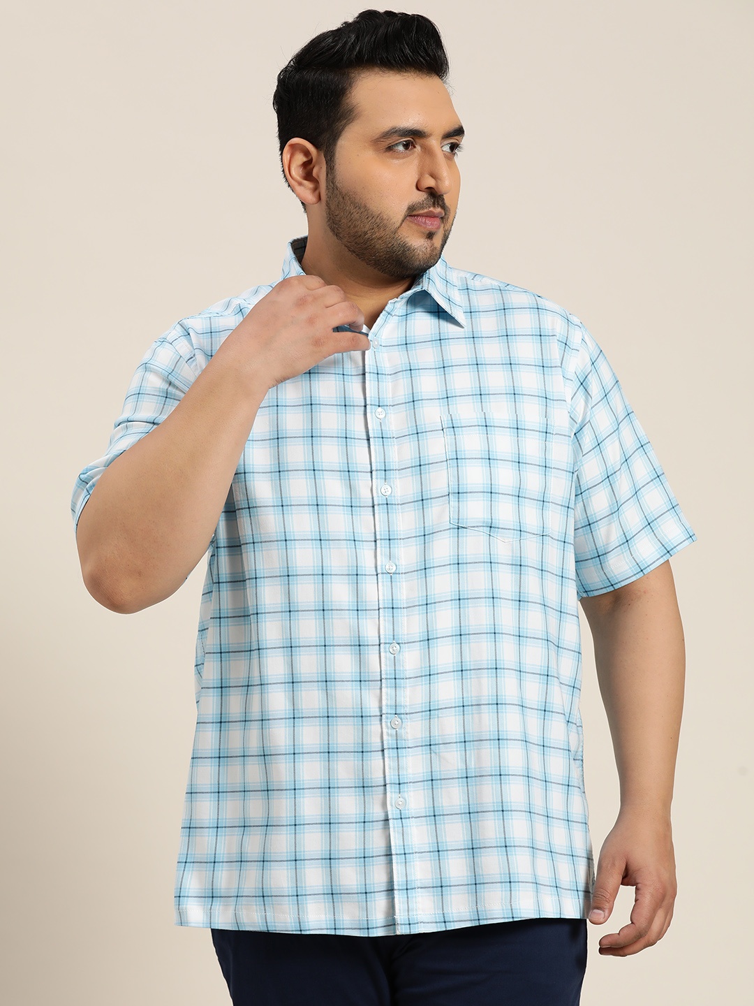 

Sztori Plus Size Tartan Checks Opaque Casual Shirt, Blue