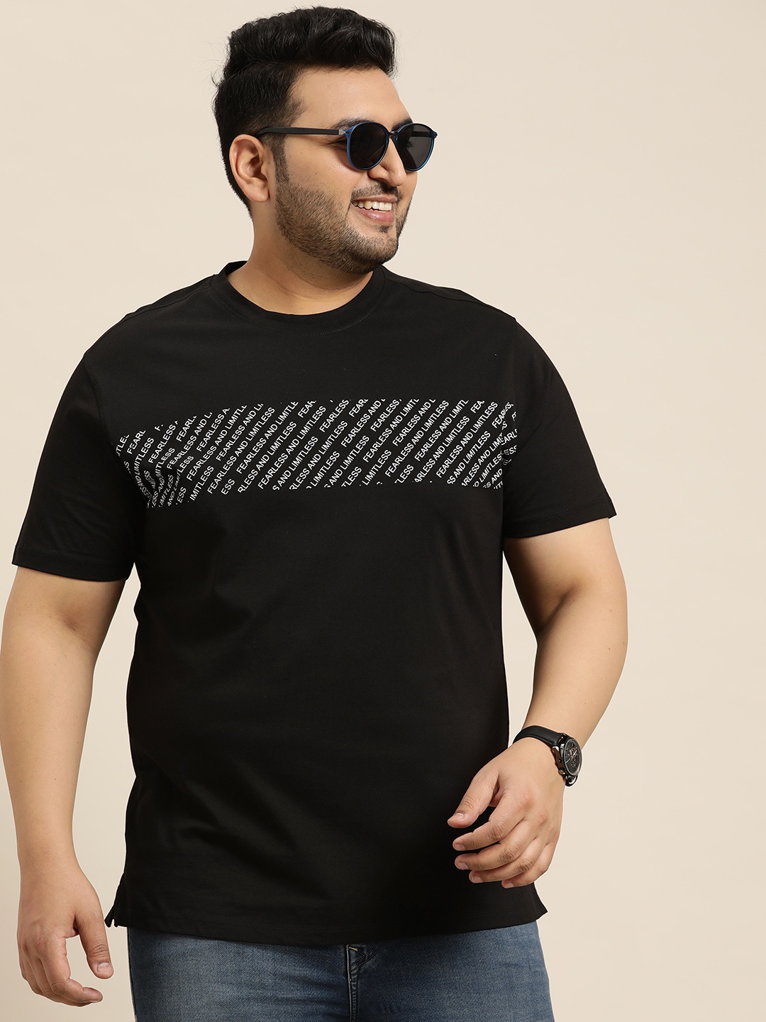 

Sztori Men Plus Size Printed Pure Cotton T-shirt, Black