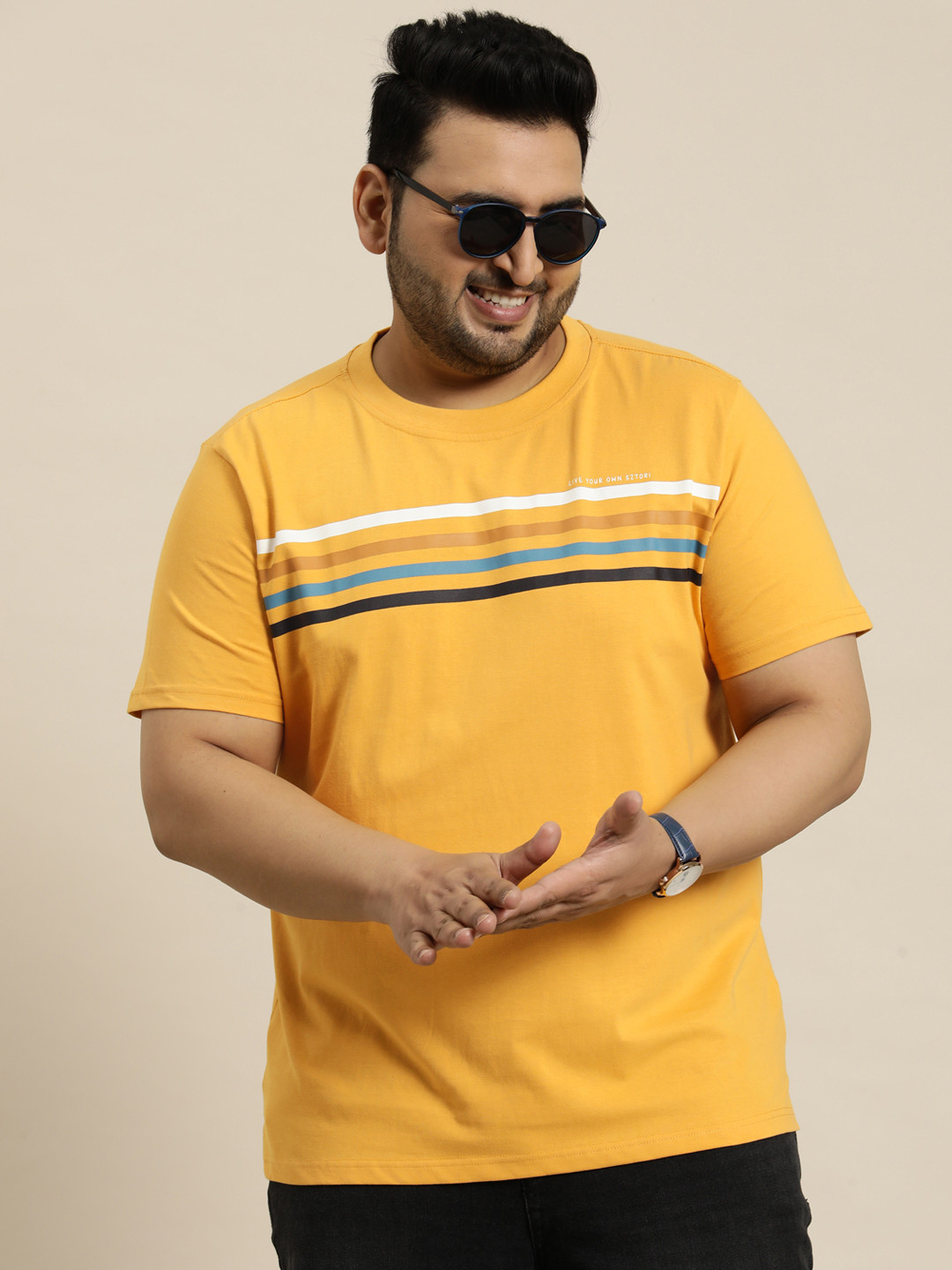 

Sztori Plus Size Striped Pure Cotton T-shirt, Mustard