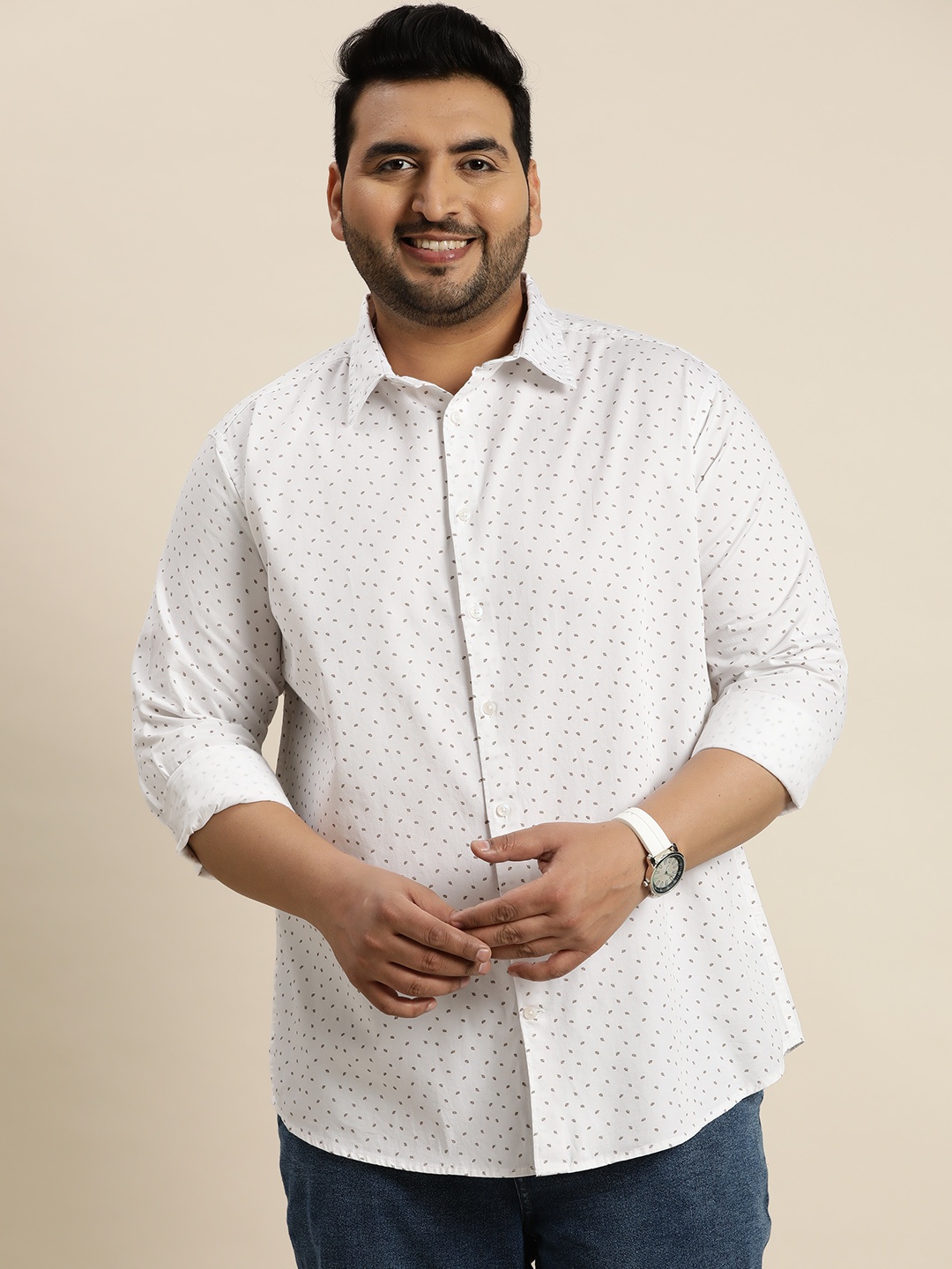 

Sztori Plus Size Pure Cotton Micro-Printed Casual Shirt, White