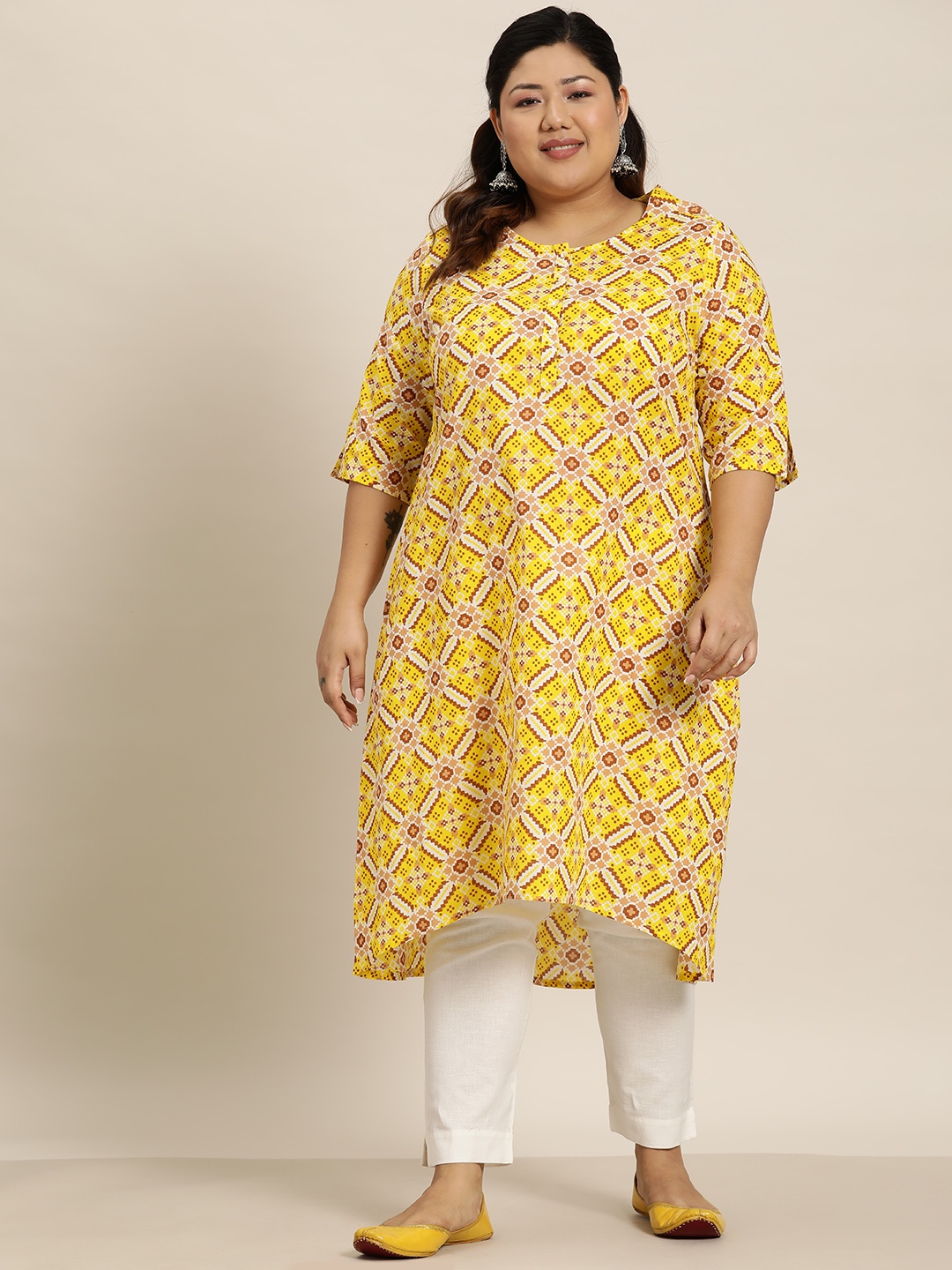 

Sztori Plus Size Pure Cotton Ethnic Motifs Print Kurta, Yellow
