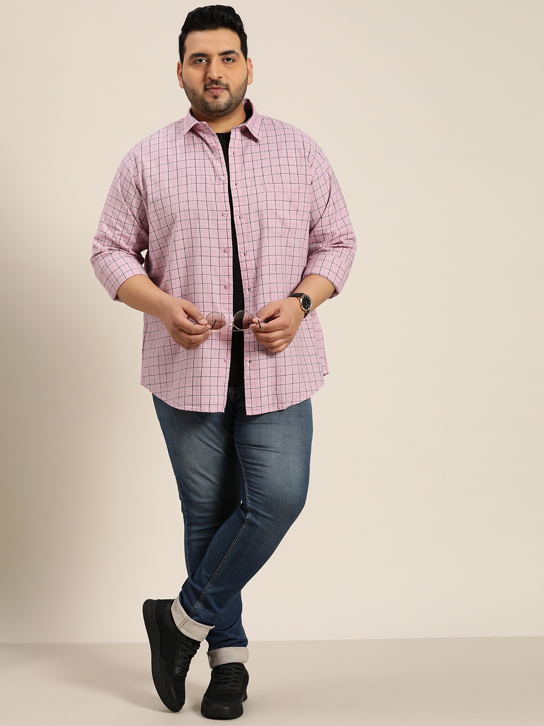 

Sztori Men Plus Size Pure Cotton Tartan Opaque Checked Casual Shirt, Pink