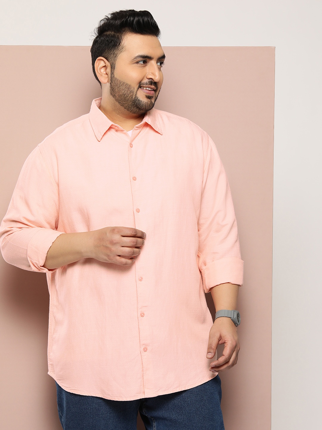 

Sztori Men Plus Size Textured Casual Shirt, Peach