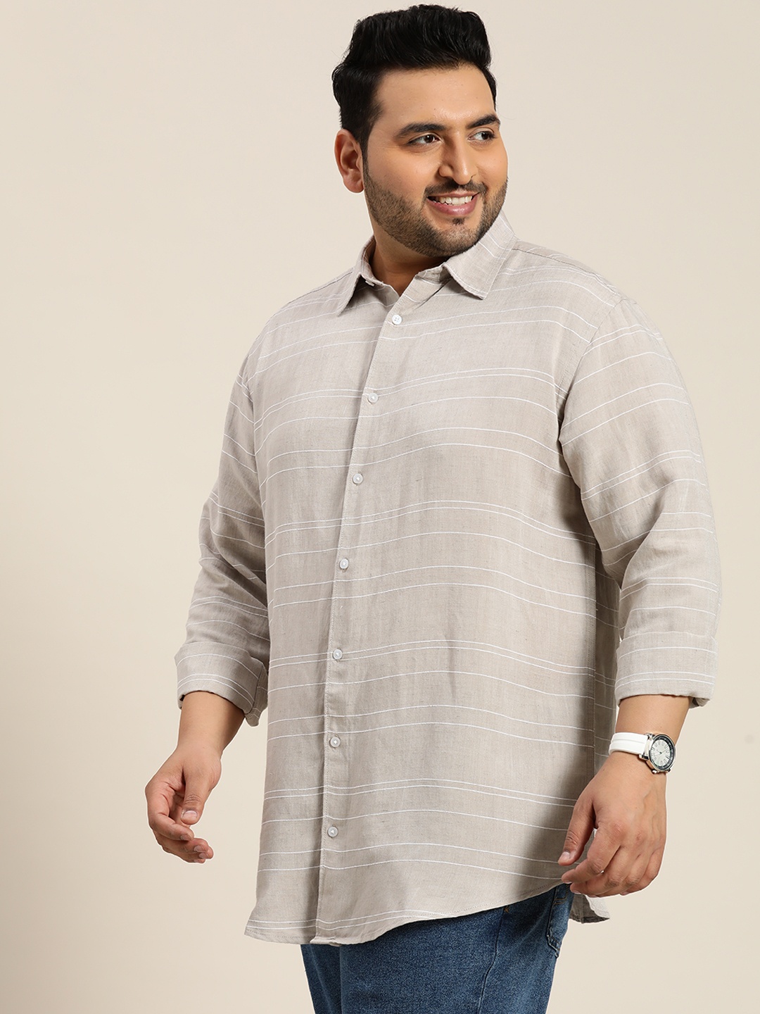 

Sztori Plus Size Opaque Striped Casual Shirt, Grey