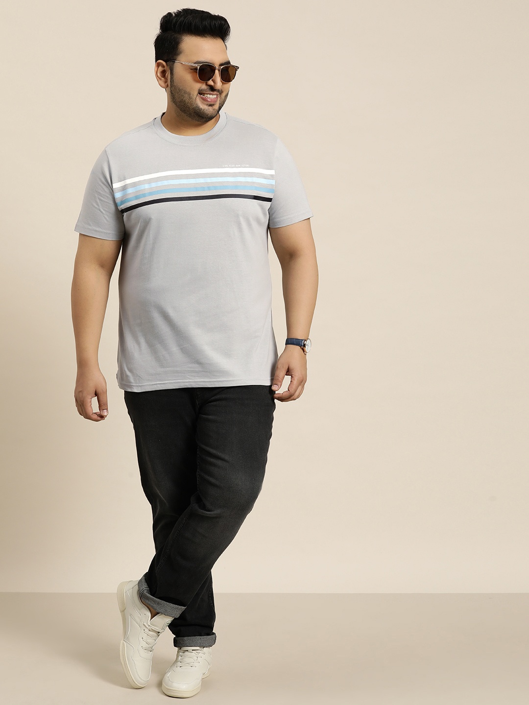 

Sztori Plus Size Striped Pure Cotton T-shirt, Grey