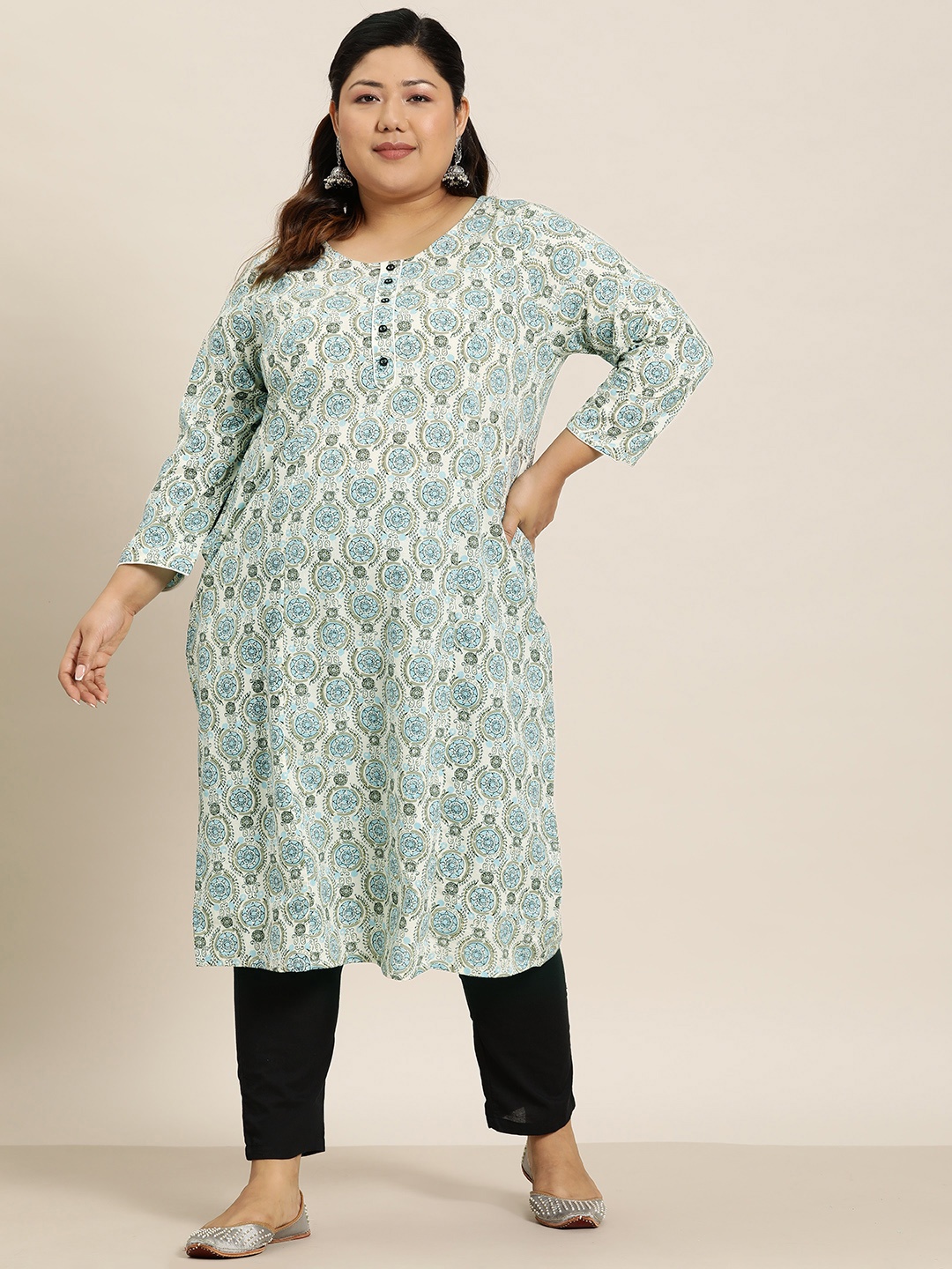 

Sztori Plus Size Pure Cotton Ethnic Motifs Print Kurta, Off white