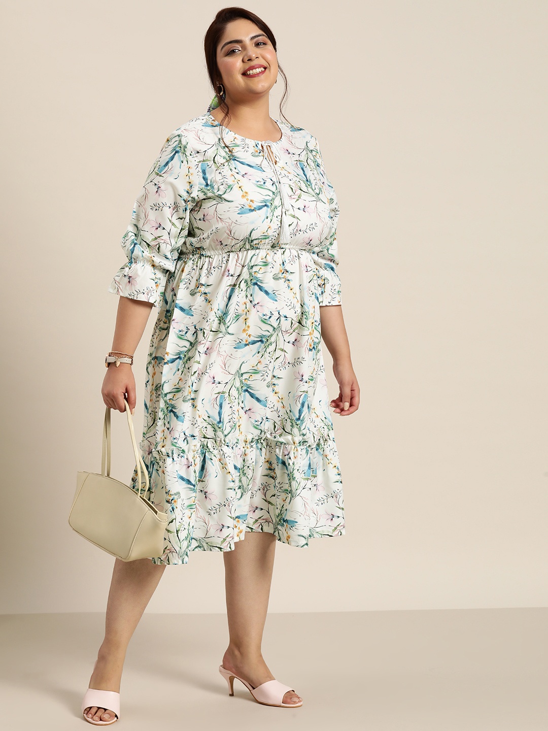 

Sztori Women Plus Size Floral Print A-Line Dress, White