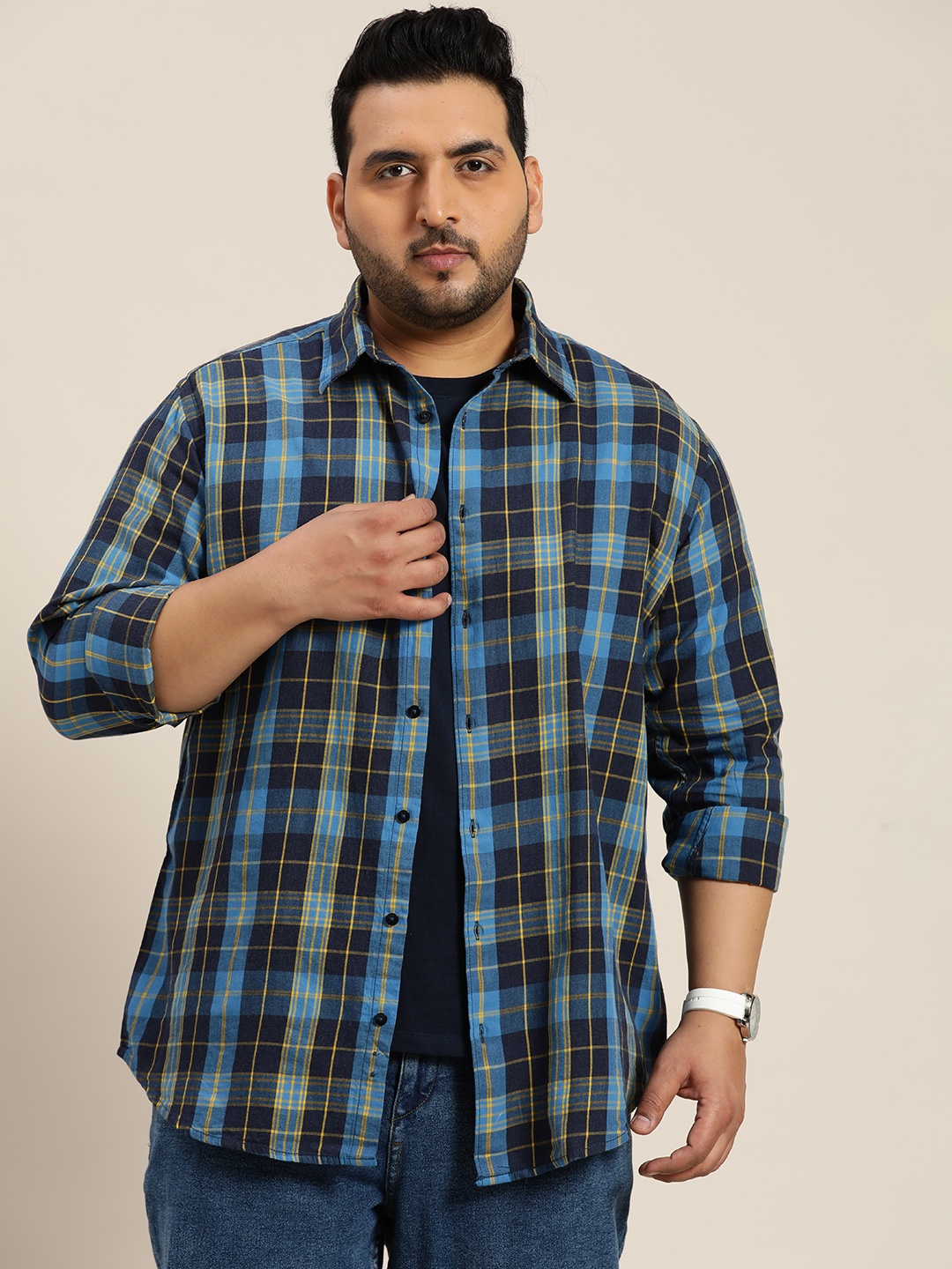 

Sztori Plus Size Pure Cotton Tartan Checked Casual Shirt, Navy blue