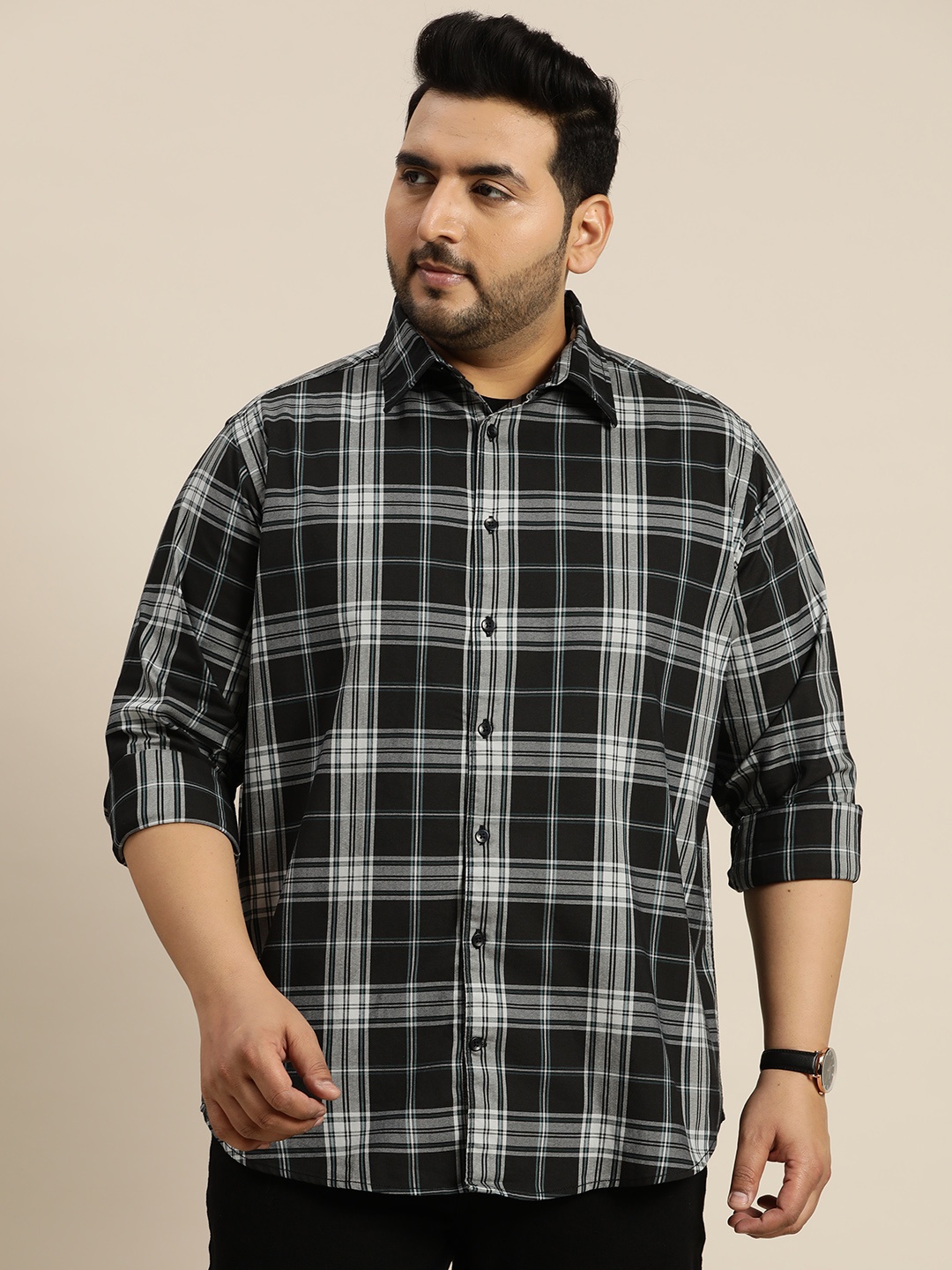 

Sztori Plus Size Tartan Opaque Checked Casual Shirt, Black