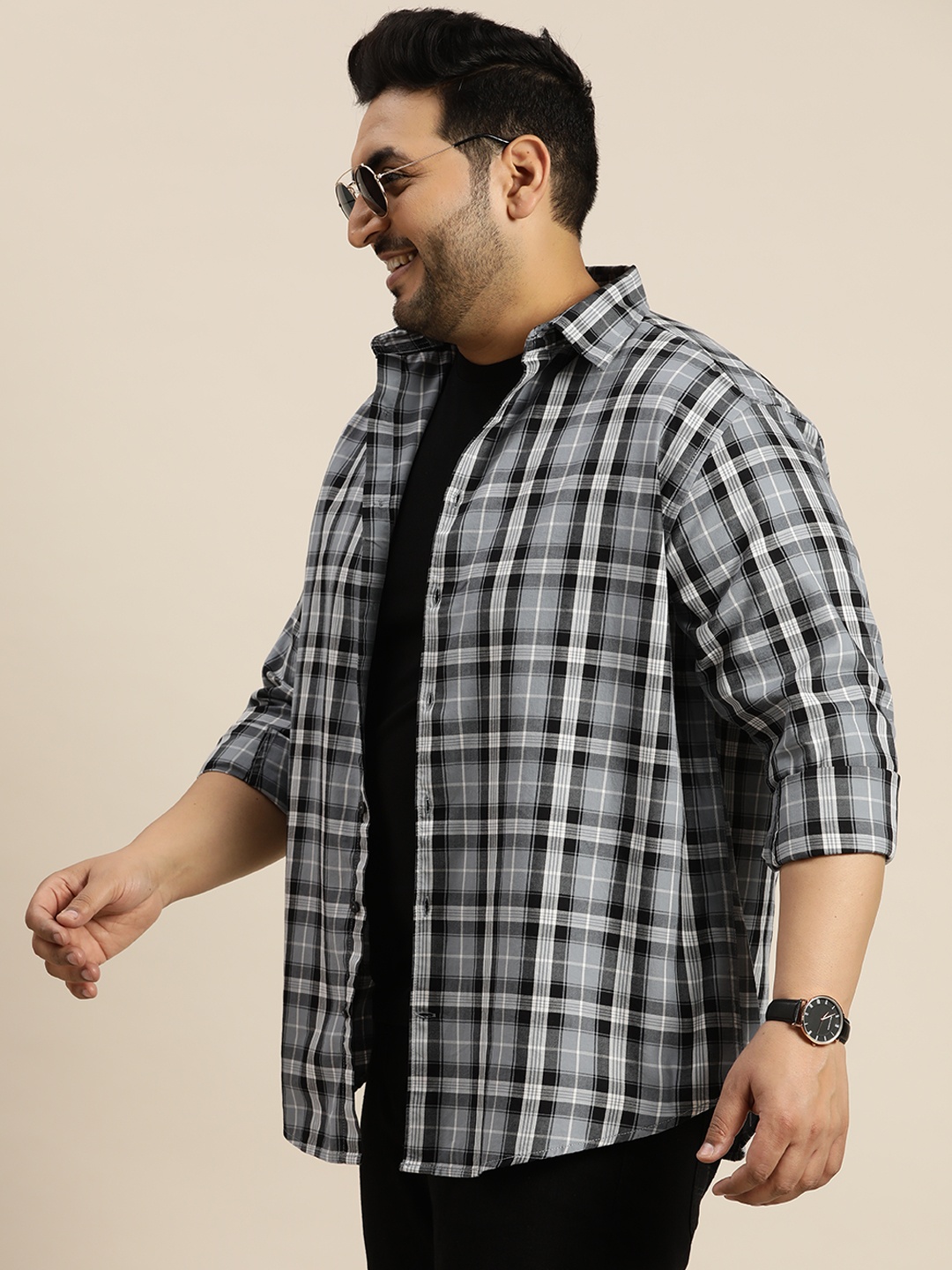 

Sztori Plus Size Tartan Opaque Checked Casual Shirt, Grey