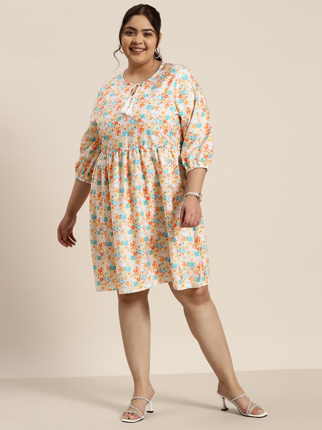 

Sztori Plus Size Floral Print Tie-Up Neck A-Line Dress, Off white