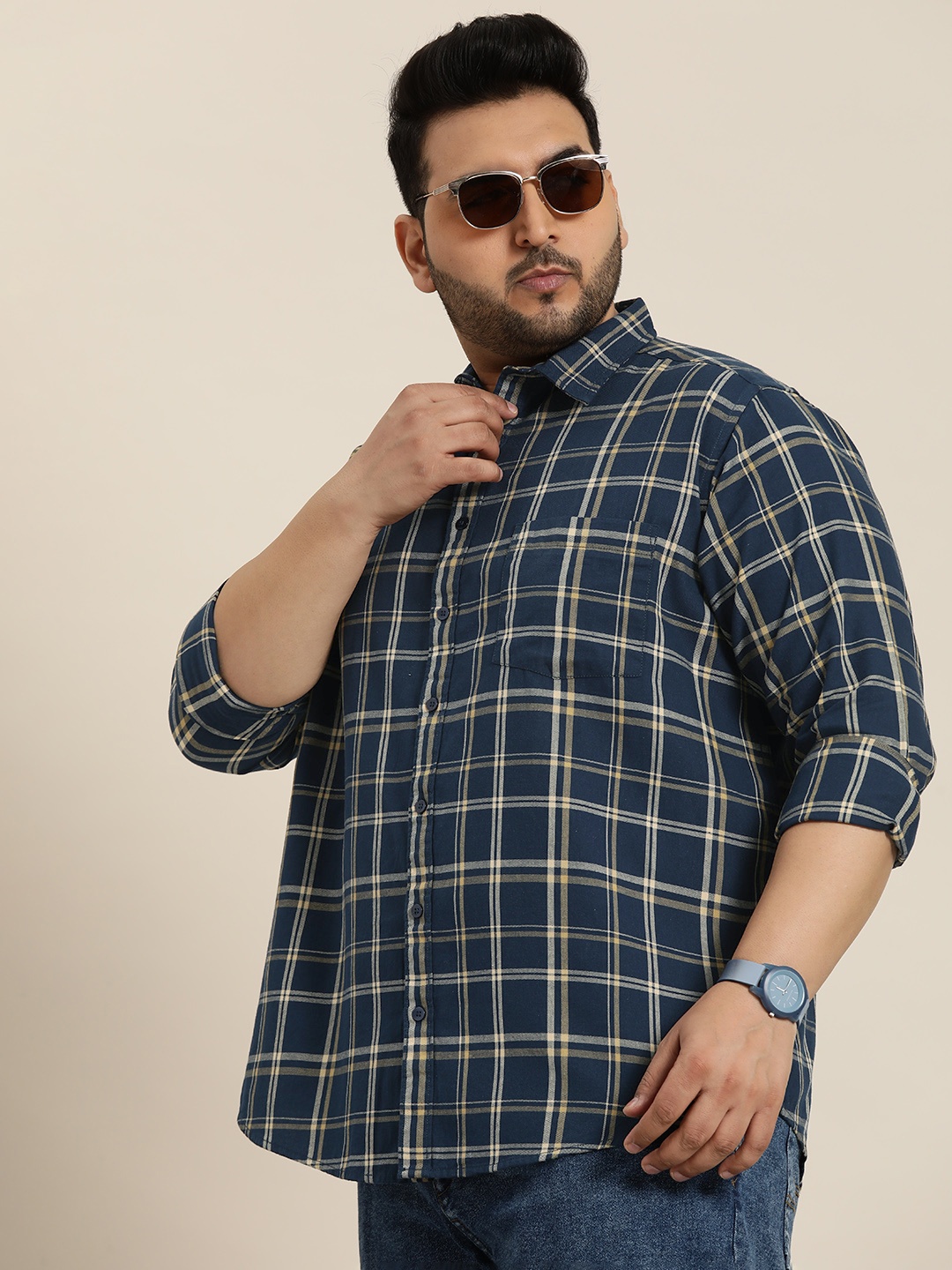 

Sztori Plus Size Checked Casual Shirt, Navy blue