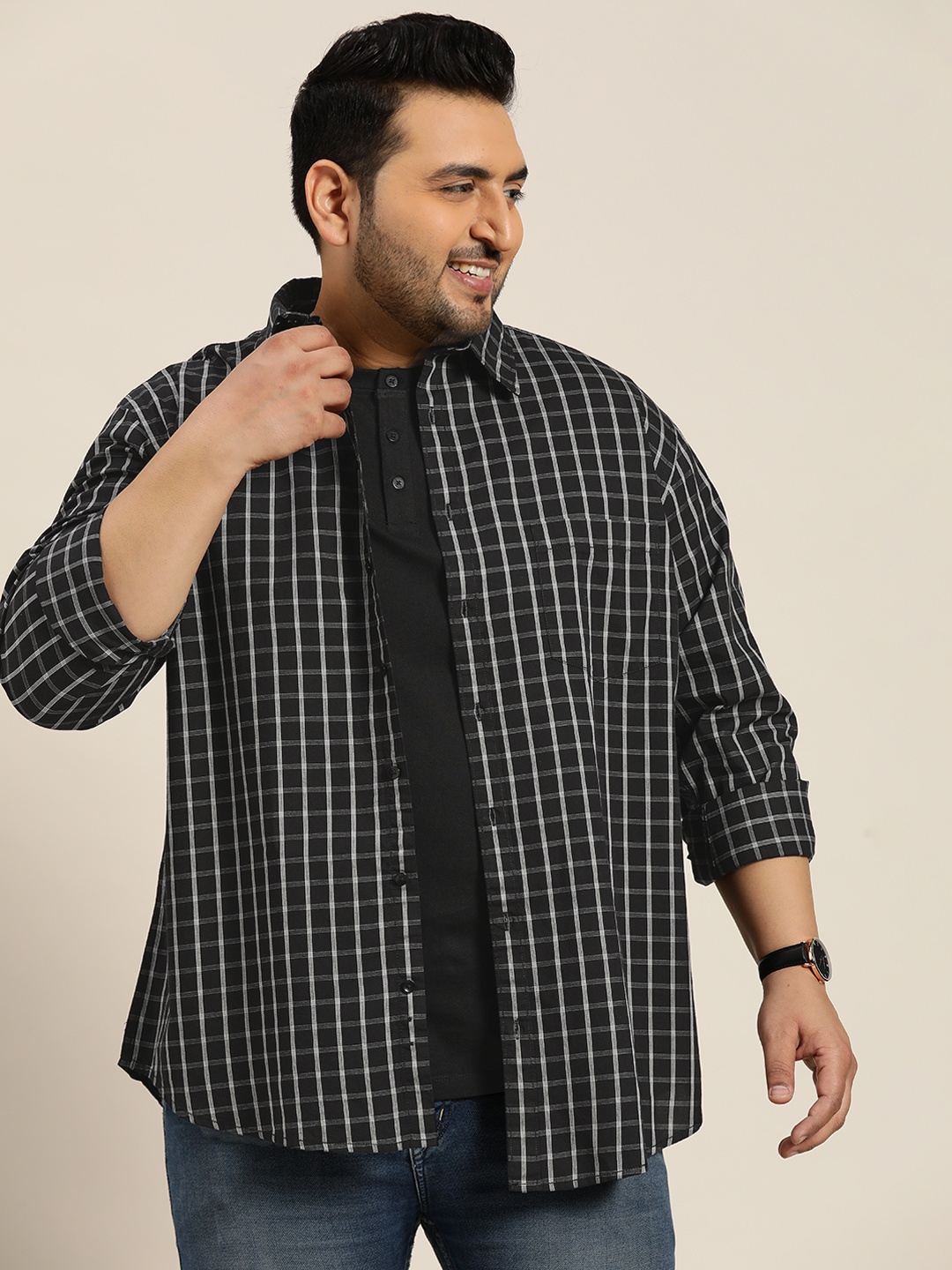 

Sztori Men Plus Size Pure Cotton Tartan Opaque Checked Casual Shirt, Black