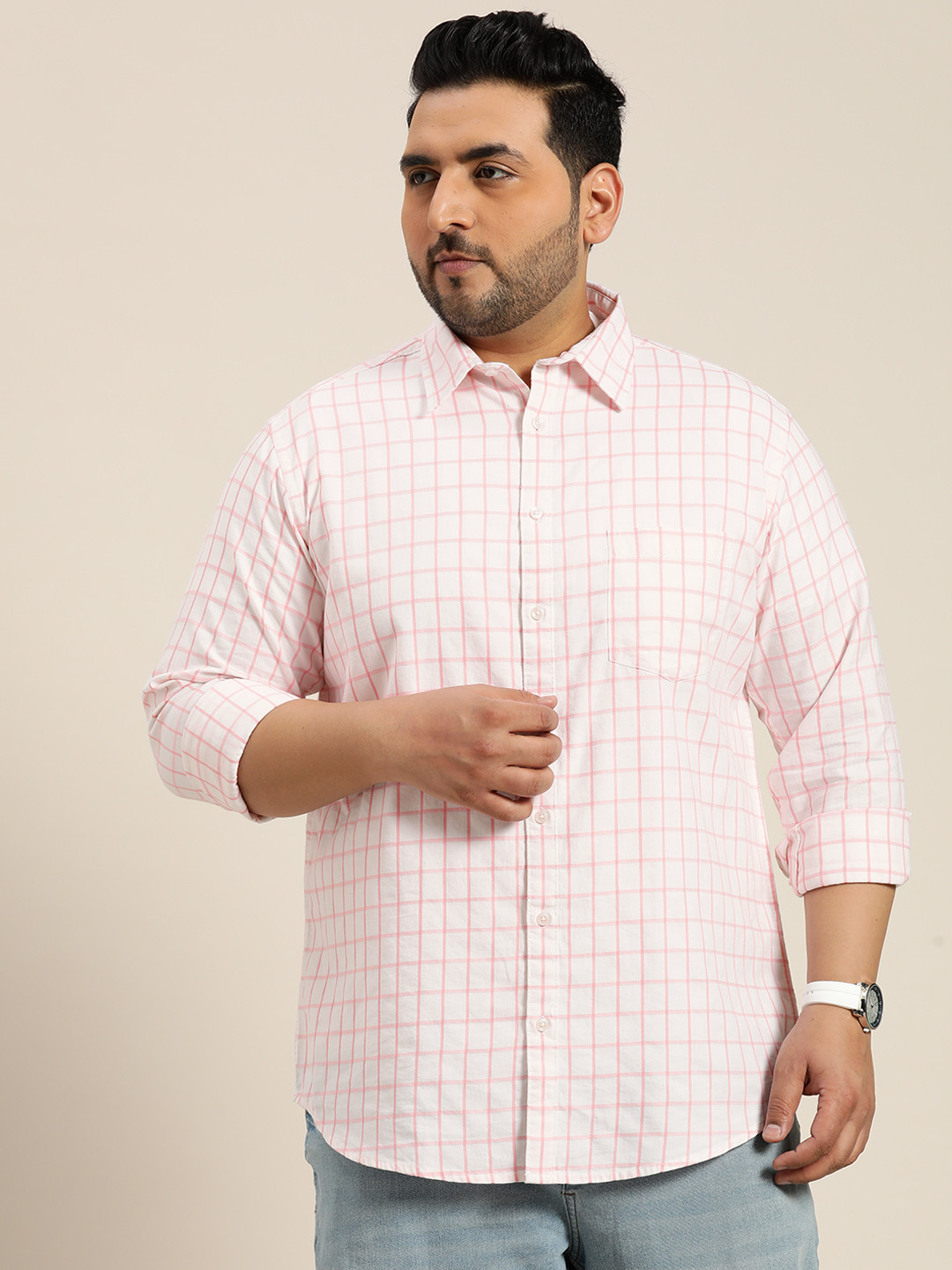 

Sztori Men Plus Size Pure Cotton Grid Tattersall Opaque Checked Casual Shirt, White