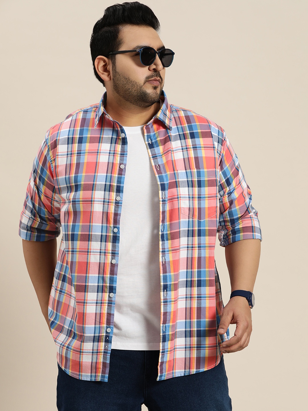 

Sztori Plus Size Pure Cotton Opaque Checked Casual Shirt, Blue