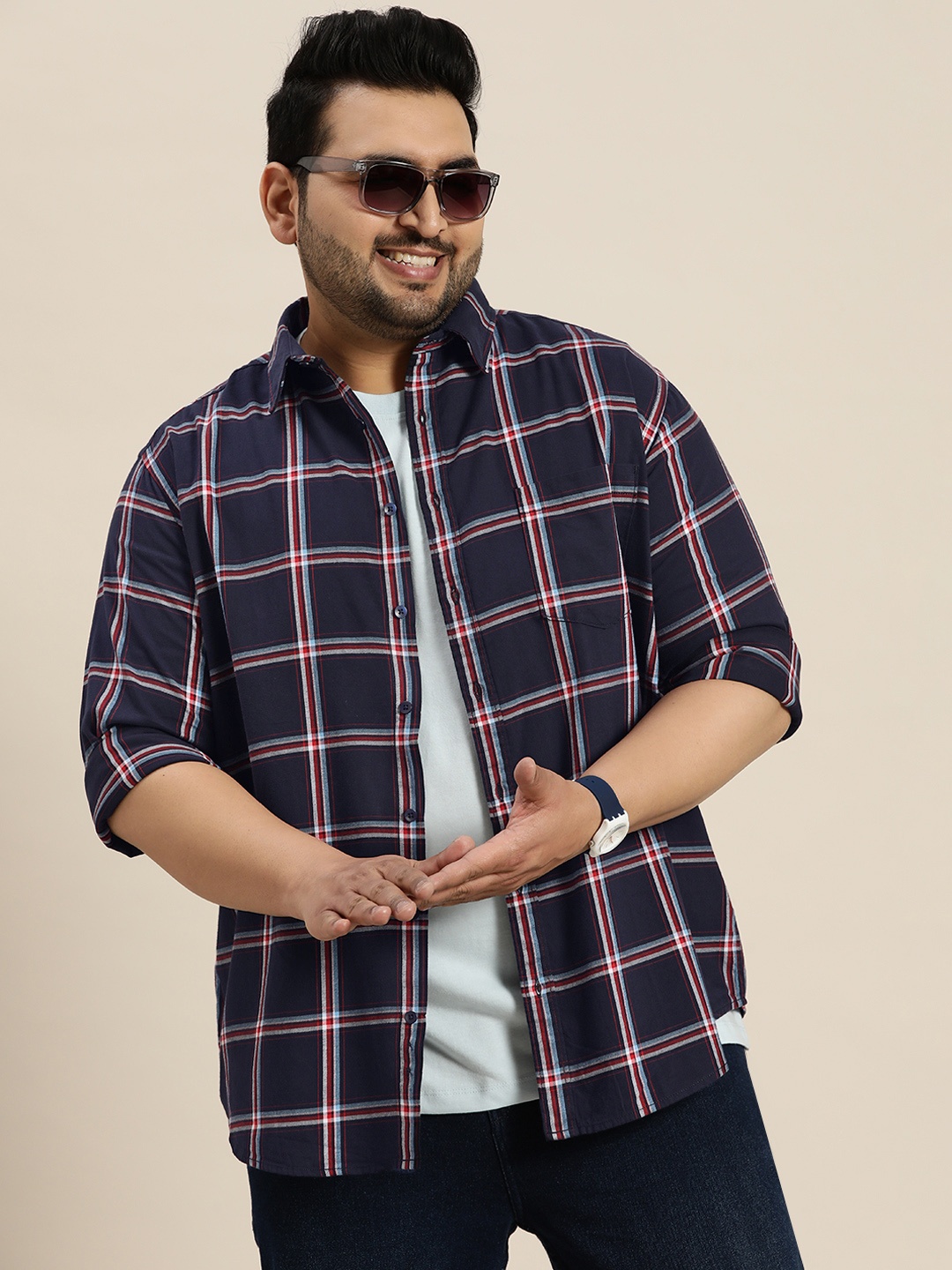 

Sztori Plus Size Pure Cotton Opaque Checked Casual Shirt, Navy blue