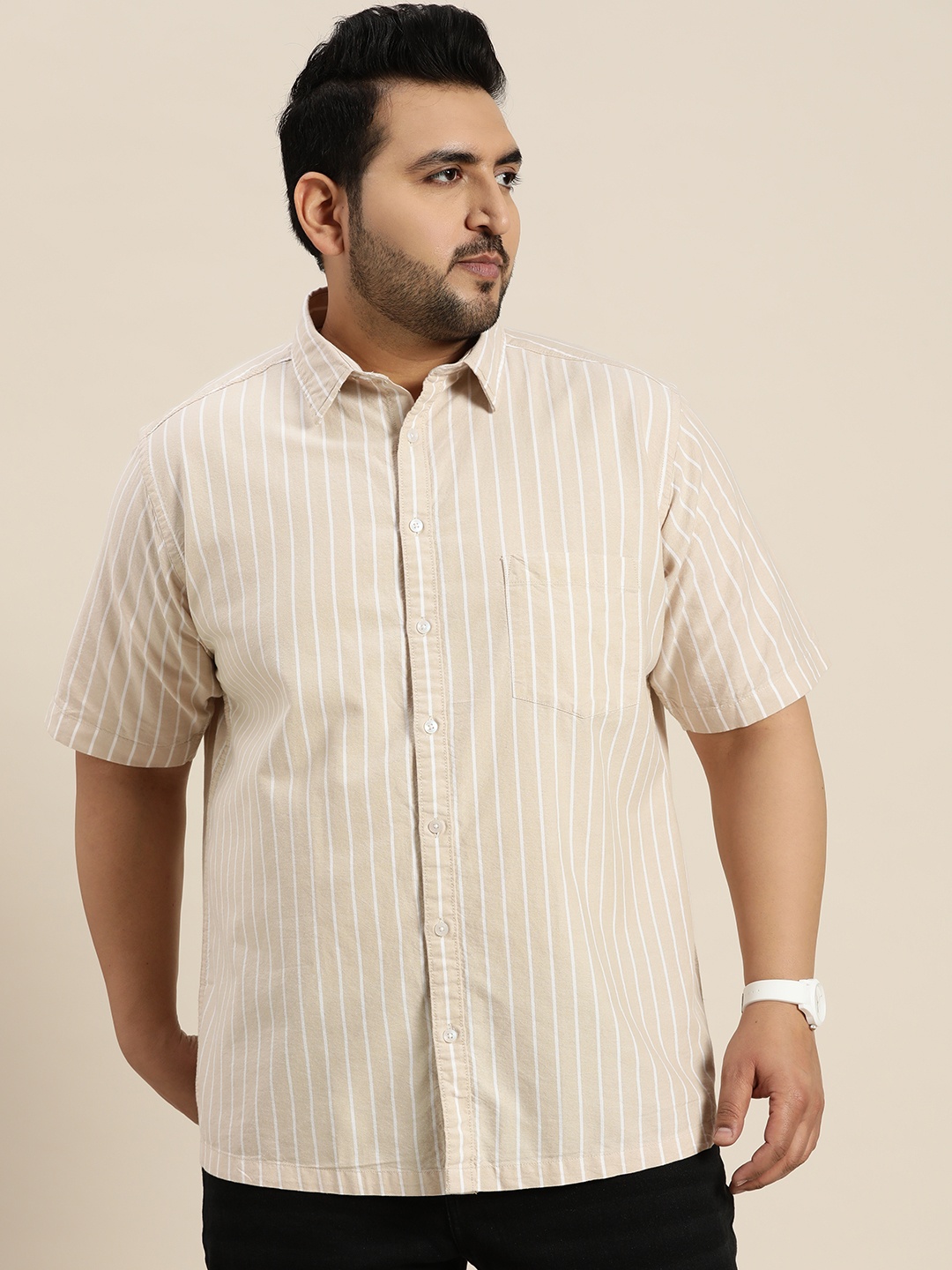 

Sztori Plus Size Pure Cotton Opaque Striped Casual Shirt, Beige