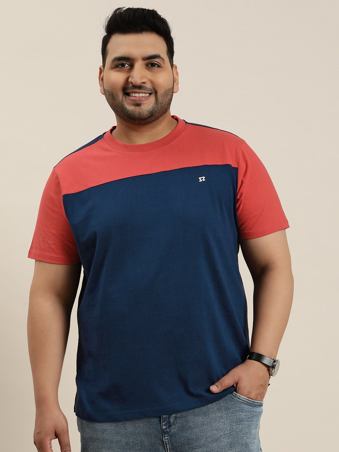 

Sztori Men Plus Size Colourblocked Pure Cotton T-shirt, Red