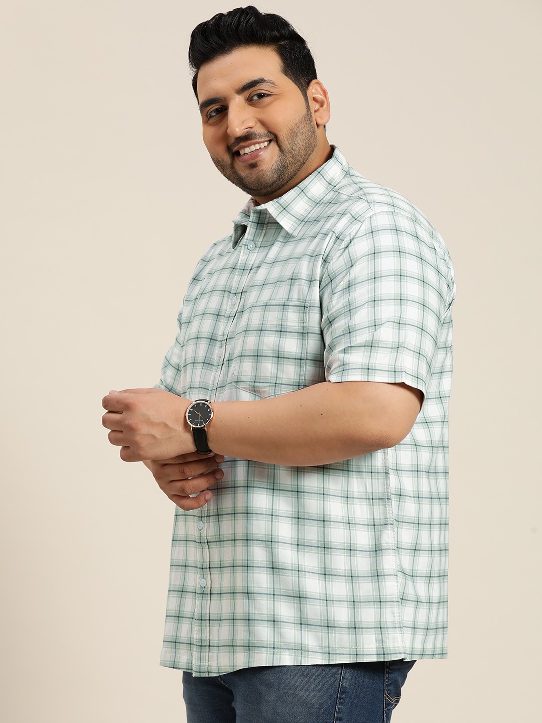 

Sztori Plus Size Pure Cotton Tartan Opaque Checked Casual Shirt, White