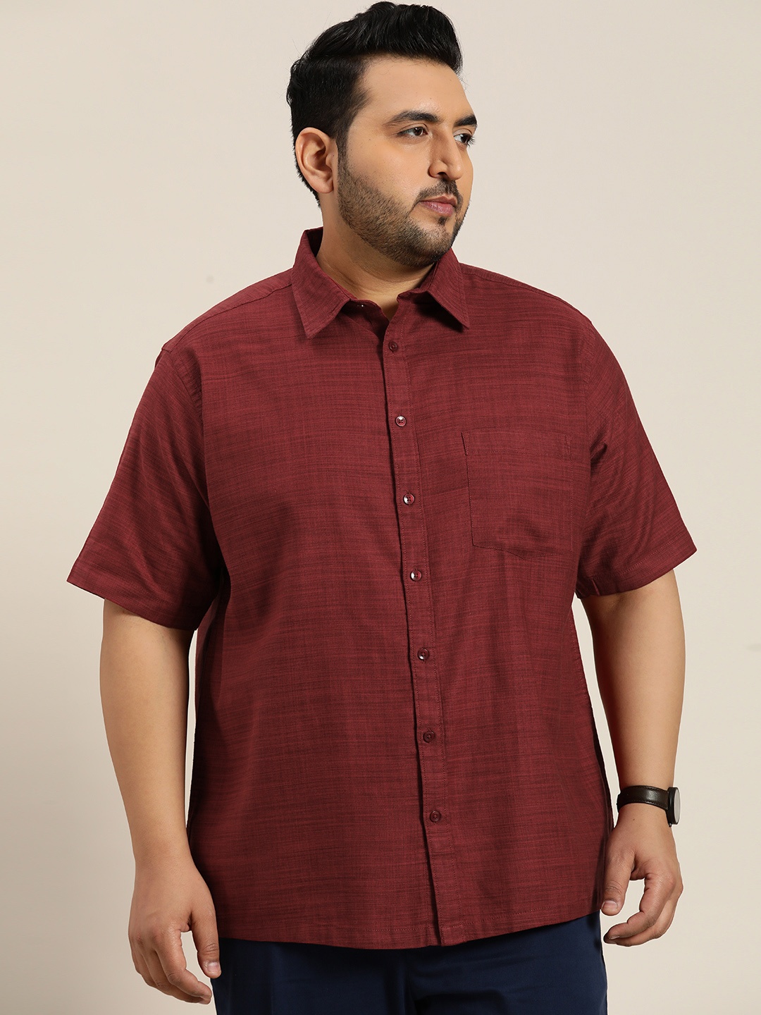 

Sztori Plus Size Horizontal Opaque Striped Casual Shirt, Red