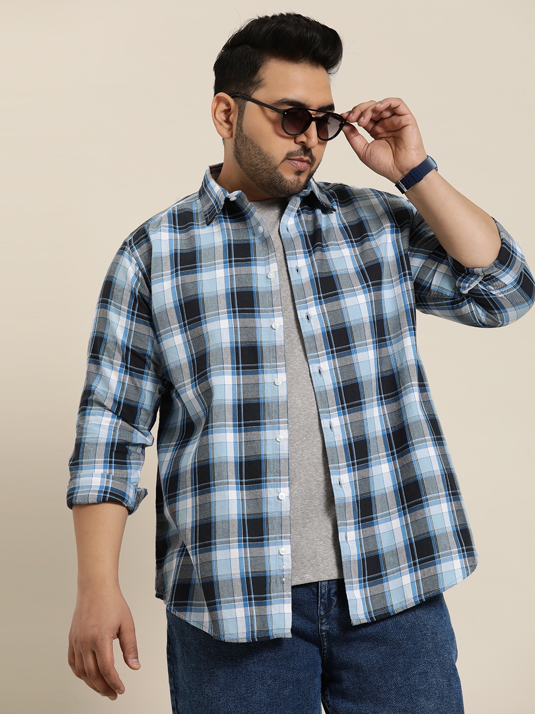 

Sztori Plus Size Checked Pure Cotton Casual Shirt, Blue