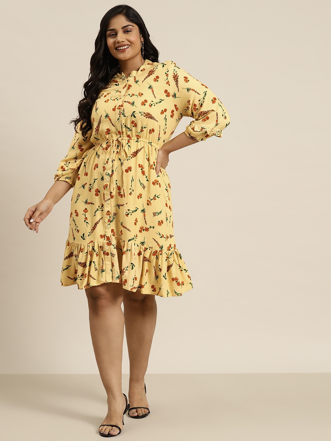 

Sztori Plus Size Floral Print Drawstring Detail Roll-Up Sleeves A-Line Dress, Yellow