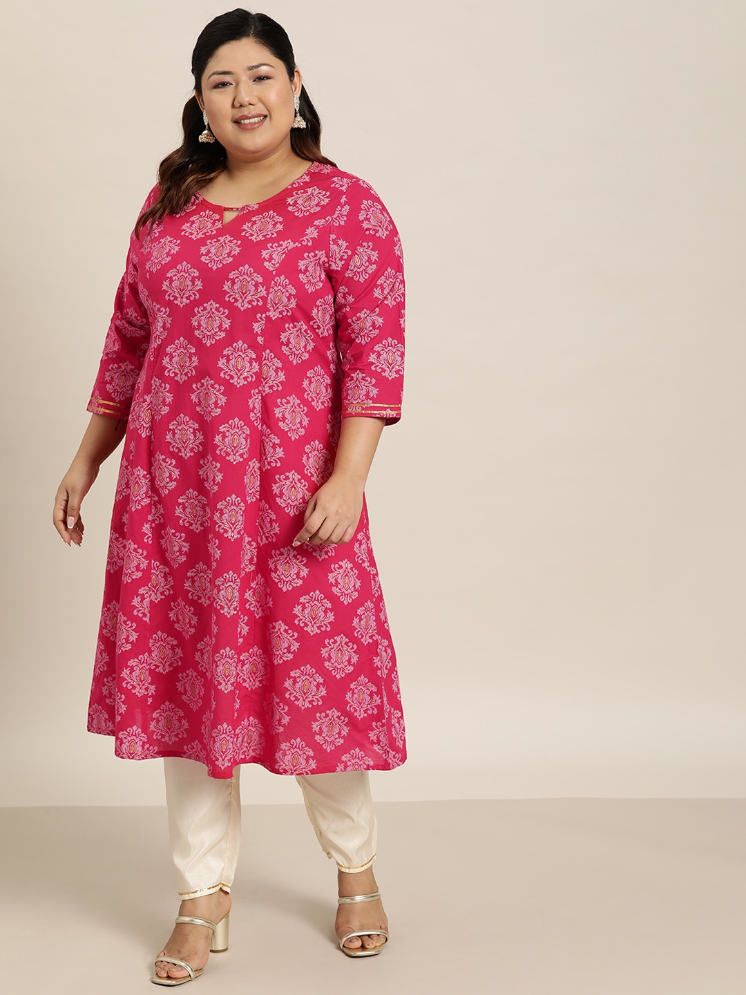

Sztori Plus Size Pure Cotton Ethnic Motifs Print Kurta, Pink