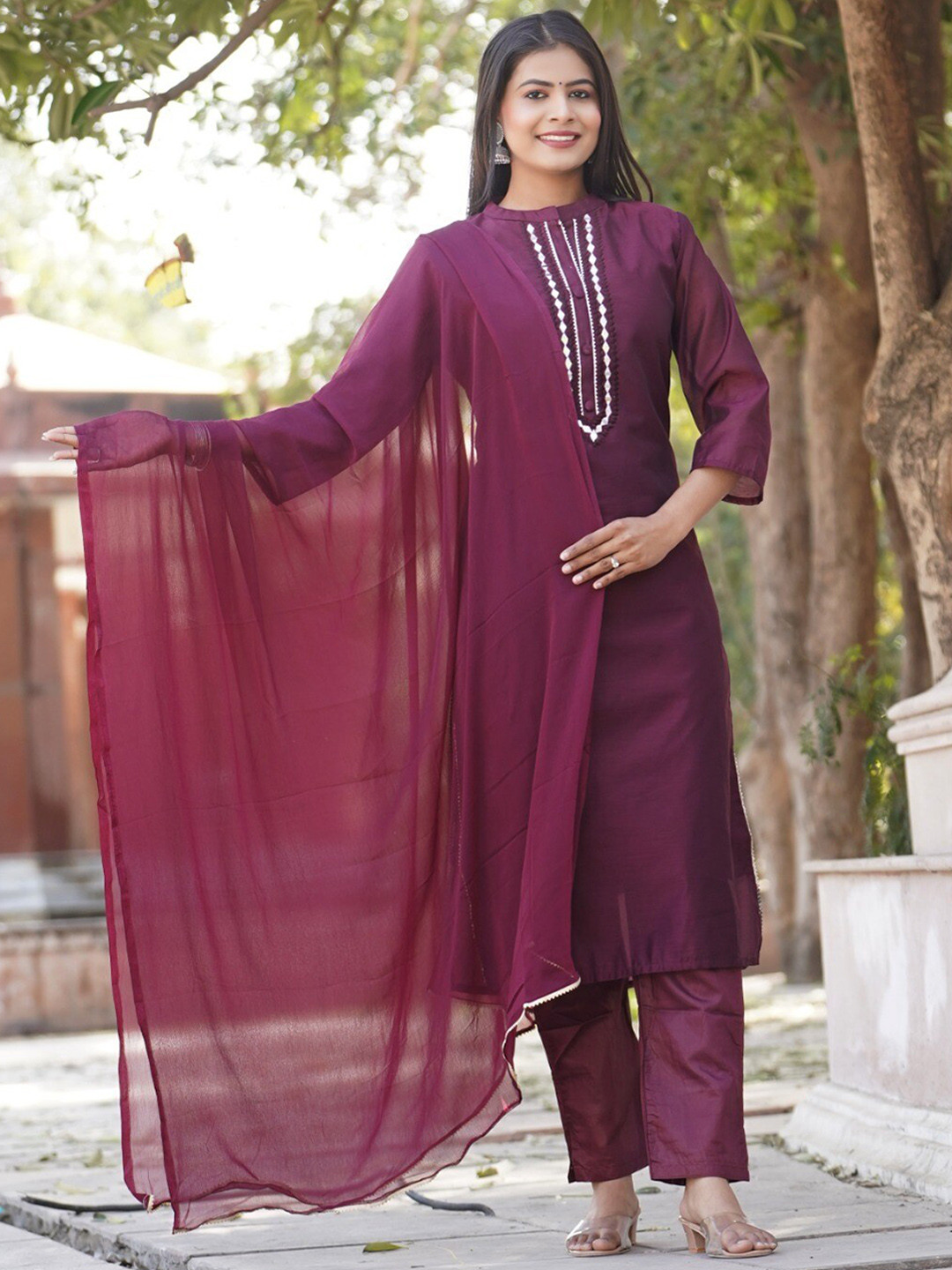 

Kesarya Mirror Work Chanderi Silk Kurta with Trousers & With Dupatta, Purple