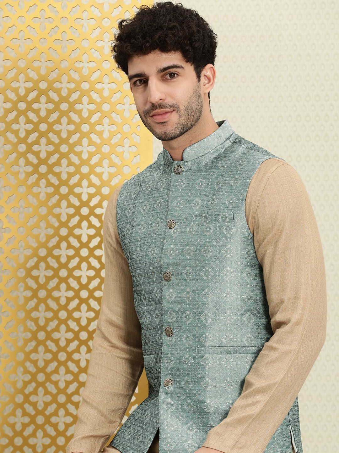 

House of Pataudi Riwayat Woven Design Ethnic Motifs Nehru Jacket, Blue