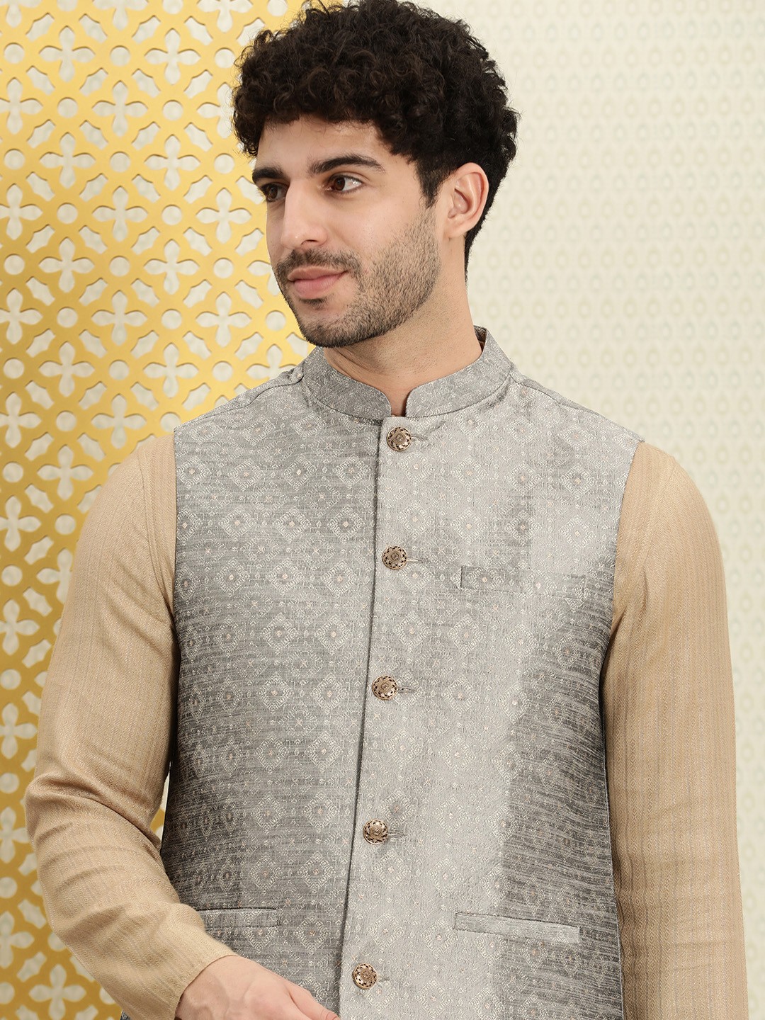 

House of Pataudi Riwayat Woven Design Ethnic Motifs Nehru Jacket, Grey