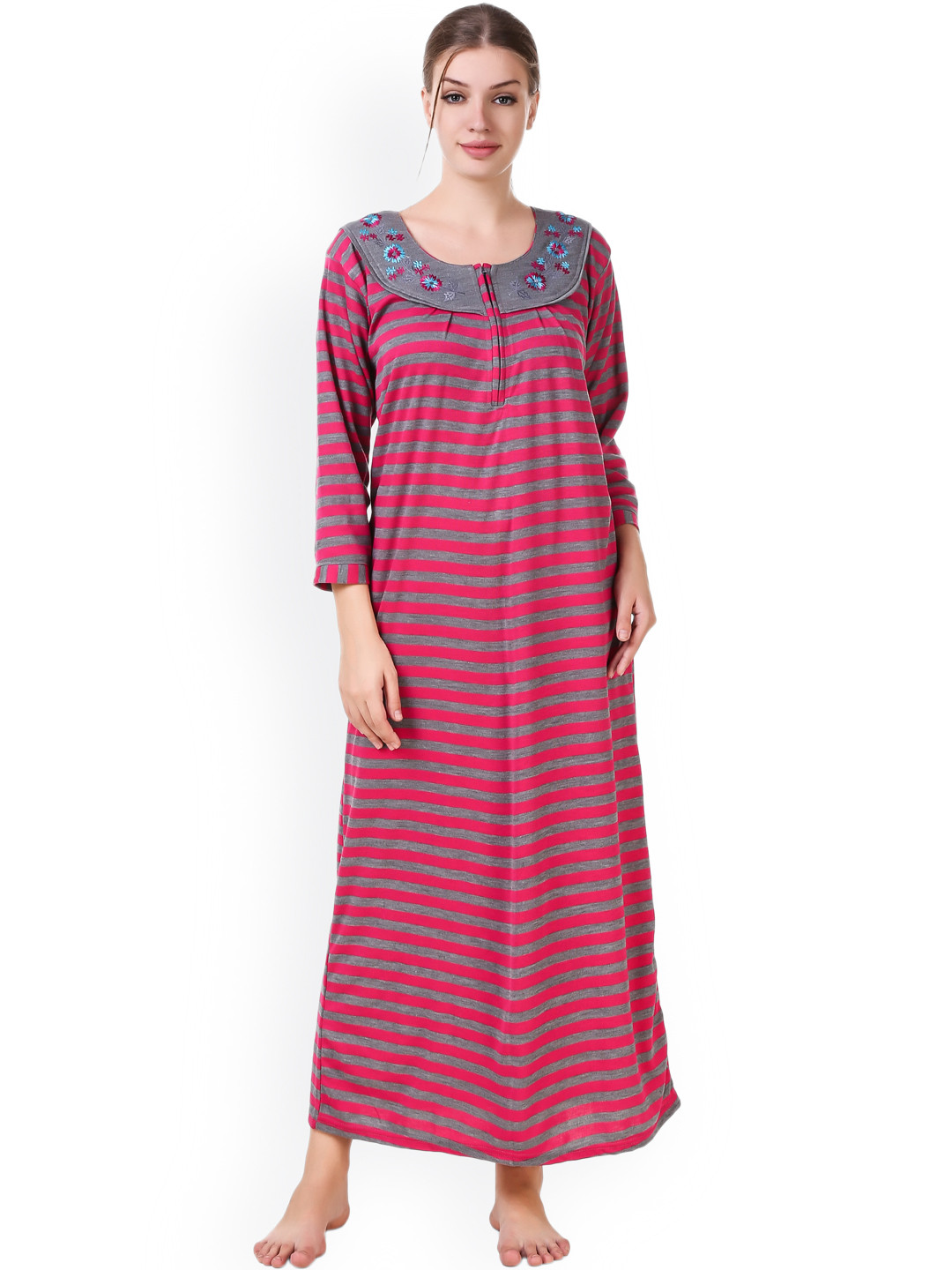 

Masha Pink & Grey Striped Woollen Nightdress NTW-B5-1149