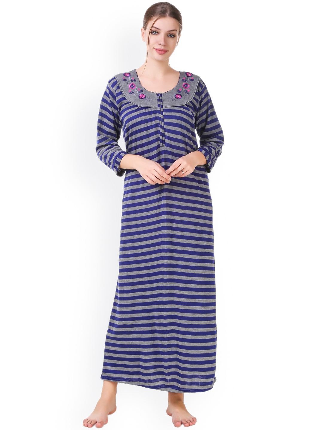 

Masha Blue & Grey Striped Woollen Nightdress NTW-B5-1153