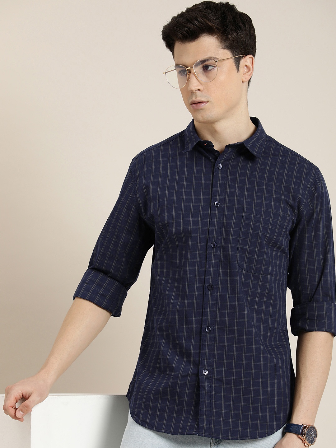

INVICTUS Pure Cotton Slim Fit Grid Tattersall Checked Casual Shirt, Navy blue