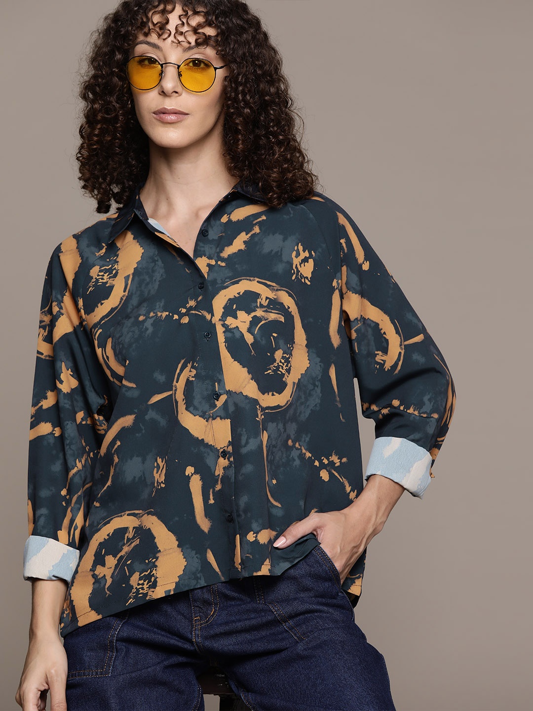 

The Roadster Lifestyle Co. Printed Oversized Shirt, Navy blue