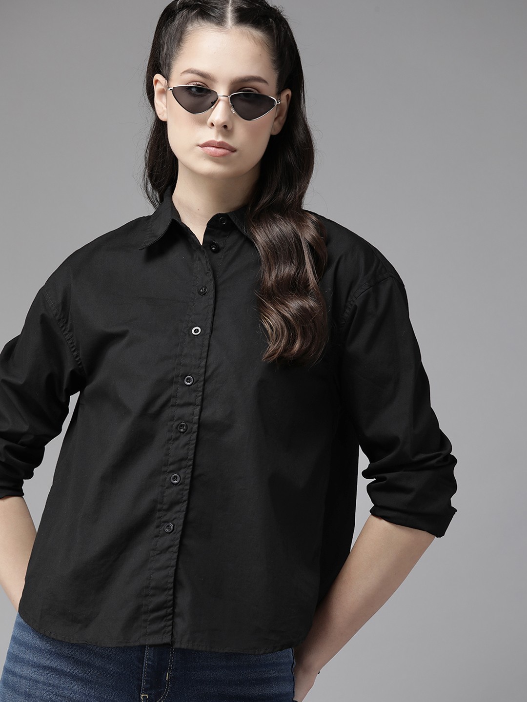

The Roadster Lifestyle Co. Oversized Pure Cotton Shirt with Gathered Yoke, Black