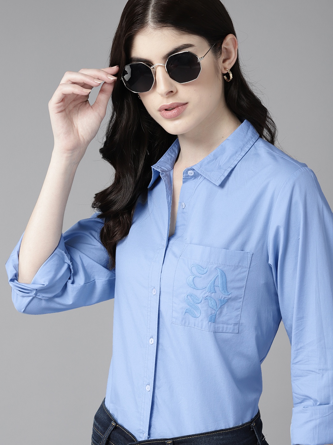 

The Roadster Lifestyle Co. Pure Cotton Embroidered Casual Shirt, Blue