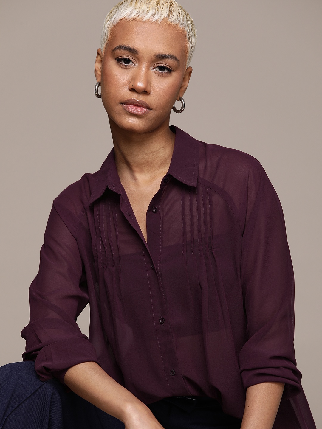 

The Roadster Lifestyle Co. Semi Sheer Bishop Sleeves Shirt, Burgundy
