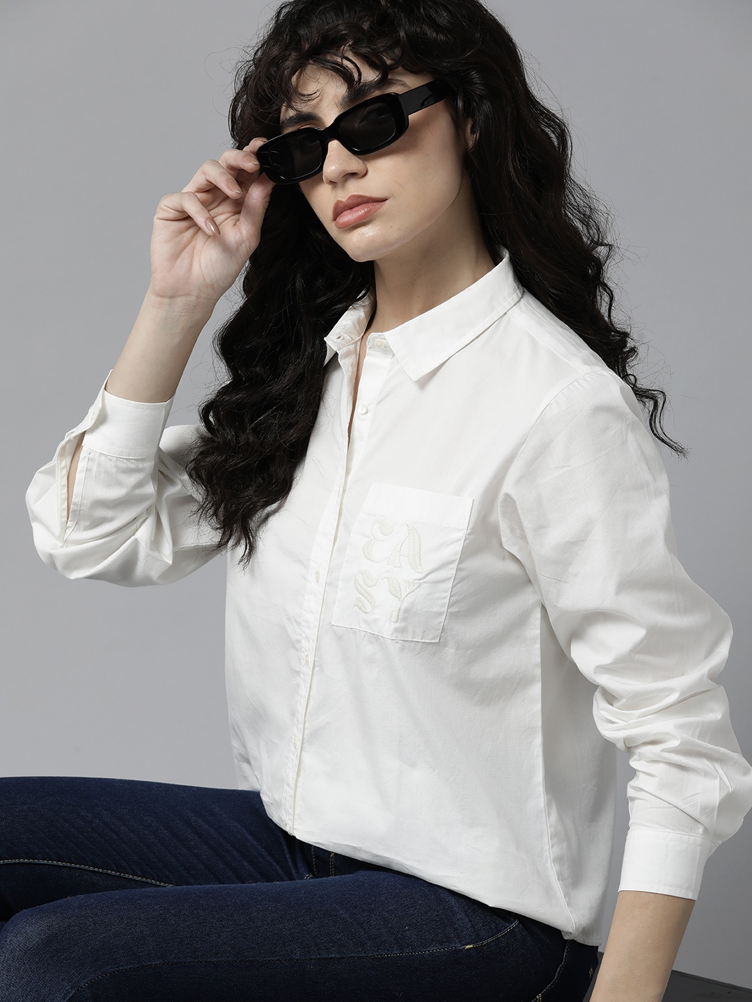 

The Roadster Lifestyle Co. Embroidered Detail Pure Cotton Casual Shirt, White