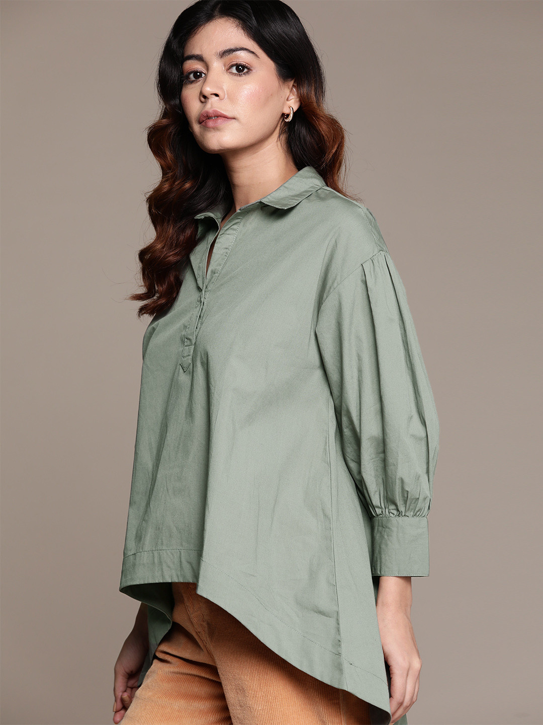 

The Roadster Lifestyle Co. Pure Cotton Boxy High-Low Hem Shirt, Green