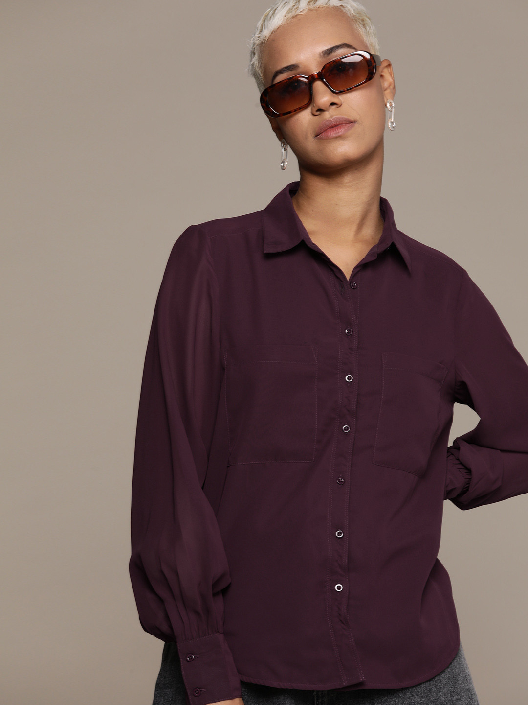 

The Roadster Lifestyle Co. Volume Sleeves Semi Sheer Casual Shirt, Burgundy